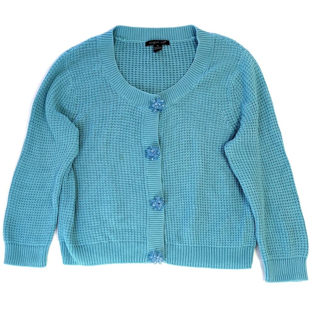 August Silk Teal Blue Waffle Knit Cardigan Beaded Floral Button Sweater XL